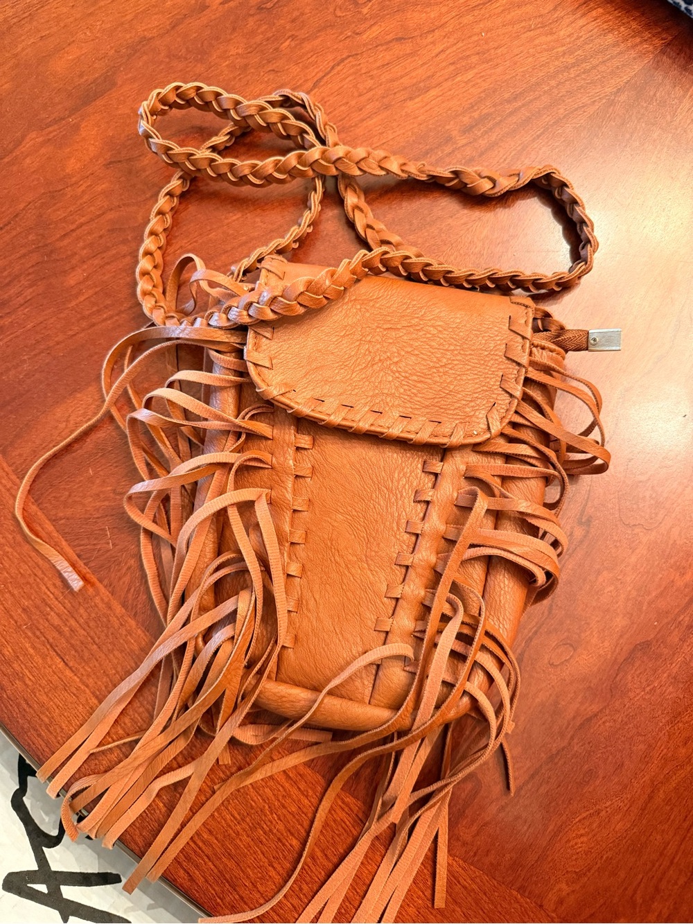 Boho Braided Fringe Crossbody Bag in Cognac